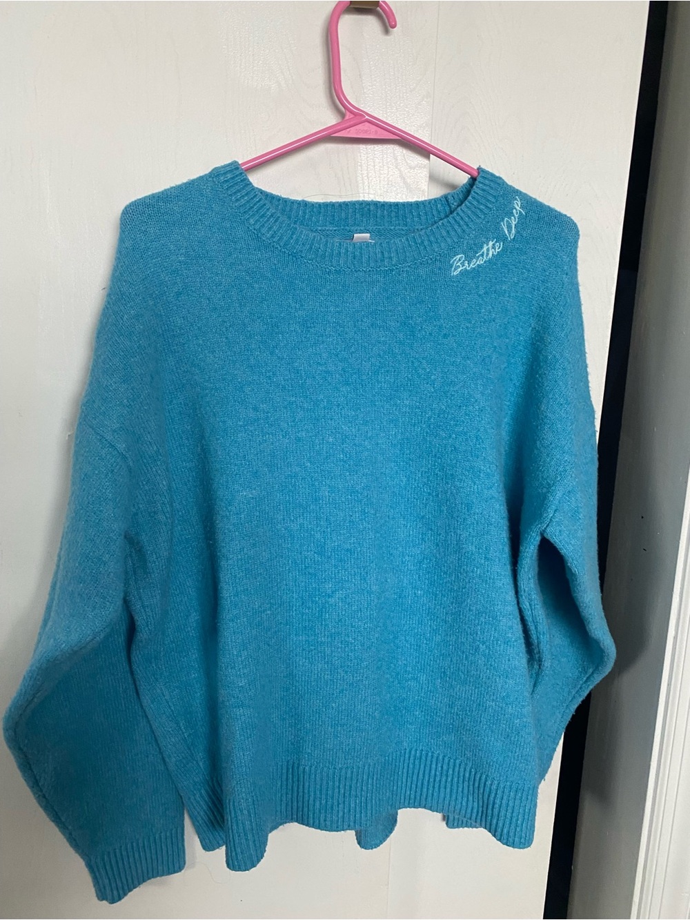 Crayola Teal Blue Crewneck Sweater with 'Breathe Deep' Neck Embroidery
